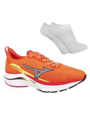 Kit Tênis Mizuno Wave Superfast Masculino e par de Meia - Laranja