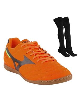 Kit Chuteira Futsal Mizuno Morelia Club In e Meião Laranja