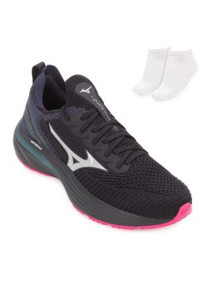 Tênis de Corrida Feminino Mizuno Glow 2 e Meia Mz24 Preto/Prata