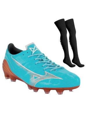 Kit Chuteira Campo Mizuno Alpha Elite e par de Meião Azul