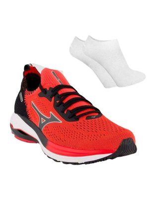 Kit Tênis Mizuno Wave Zest Masculino e par de Meia Vermelho