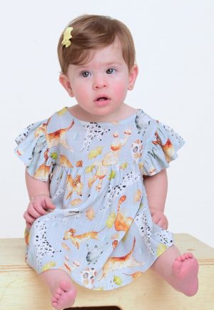 Conjunto Vestido com Tapa Fralda Minicute Estampado Chuva de Pets Azul