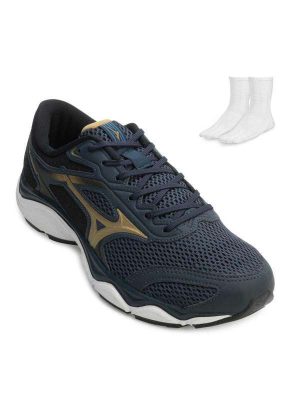Tênis Mizuno Wave Hawk 5 e Meia Mz24 Marinho/Dourado