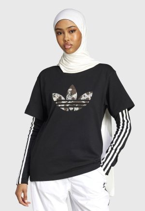 Camiseta adidas Originals Reta Trefoil Animal Print Preta