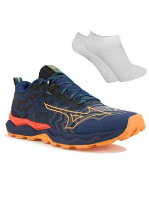 Kit Tênis Mizuno Trail Daichi 8 Masculino e par de Meia Azul
