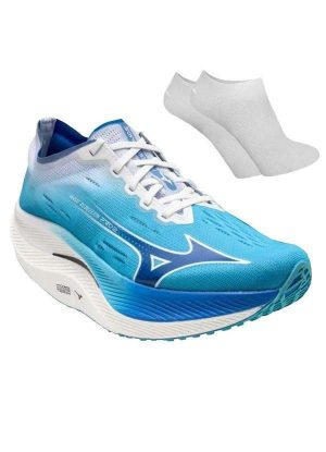 Kit Tênis Mizuno Wave Rebellion Pro 2 Feminino e par de Meia Azul