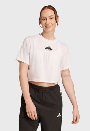 Camiseta Cropped adidas Performance Reta Estampada de Treinando Vintage Climacool Branca