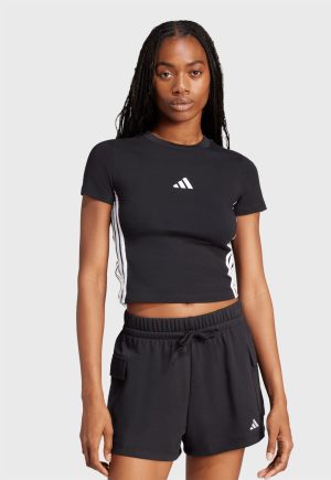 Camiseta Cropped adidas Sportswear Ajustada 3 Stripes Preta